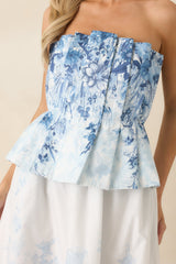 Gathered in Grace Blue Floral Cotton Strapless Midi Dress