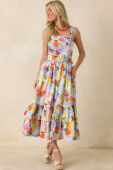 Prosperina Cassandra Multi Citrus Print Linen Blend Midi Dress