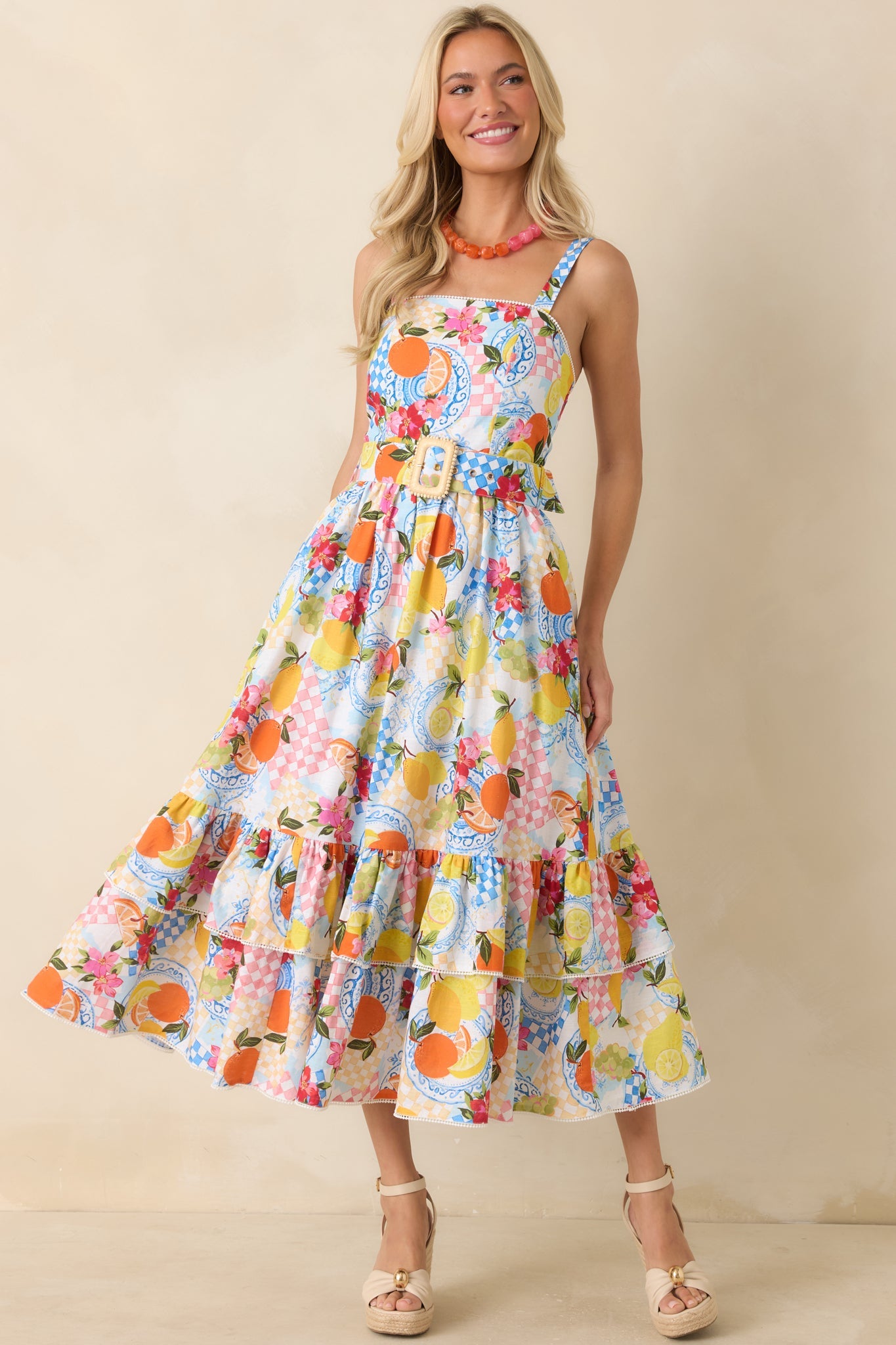 Prosperina Cassandra Multi Citrus Print Linen Blend Midi Dress