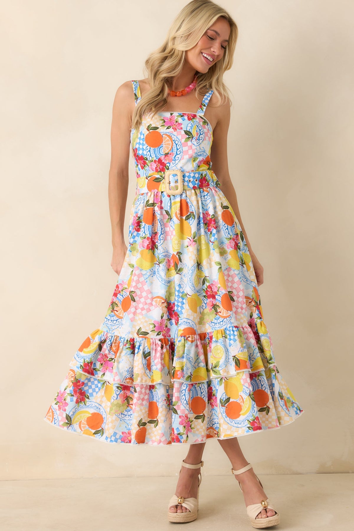 Prosperina Cassandra Multi Citrus Print Linen Blend Midi Dress