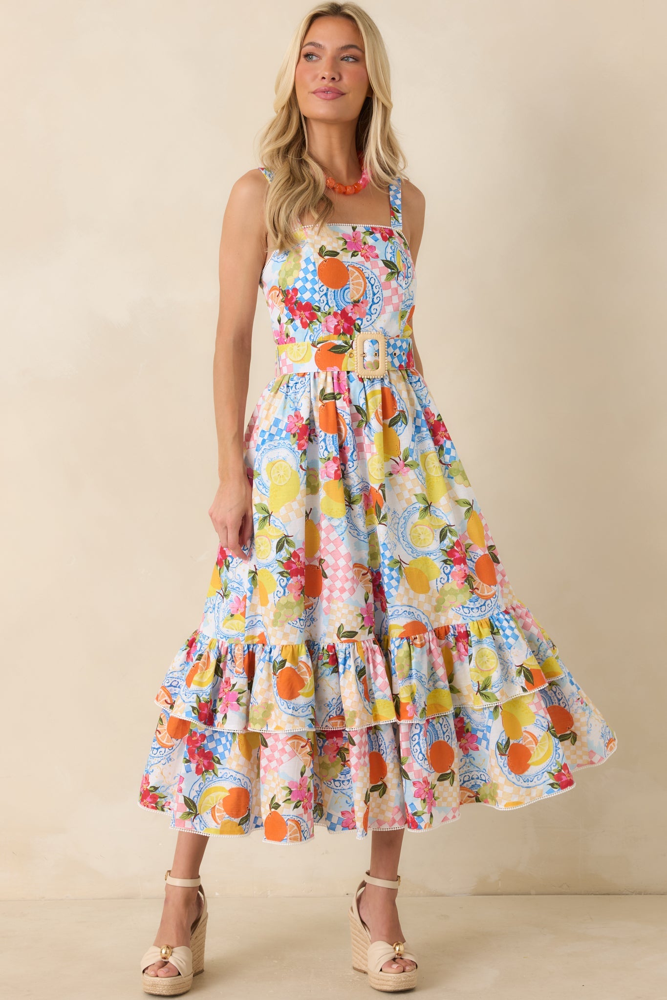 Prosperina Cassandra Multi Citrus Print Linen Blend Midi Dress