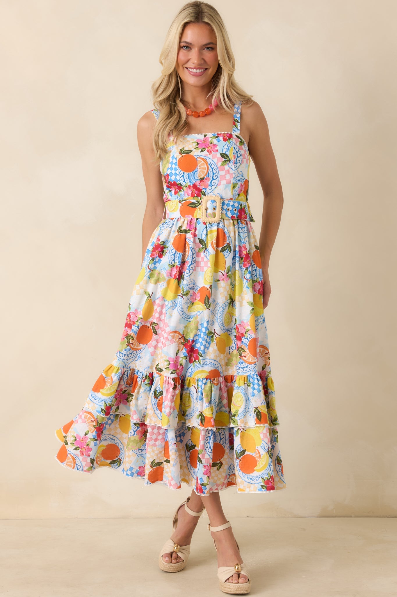 Prosperina Cassandra Multi Citrus Print Linen Blend Midi Dress