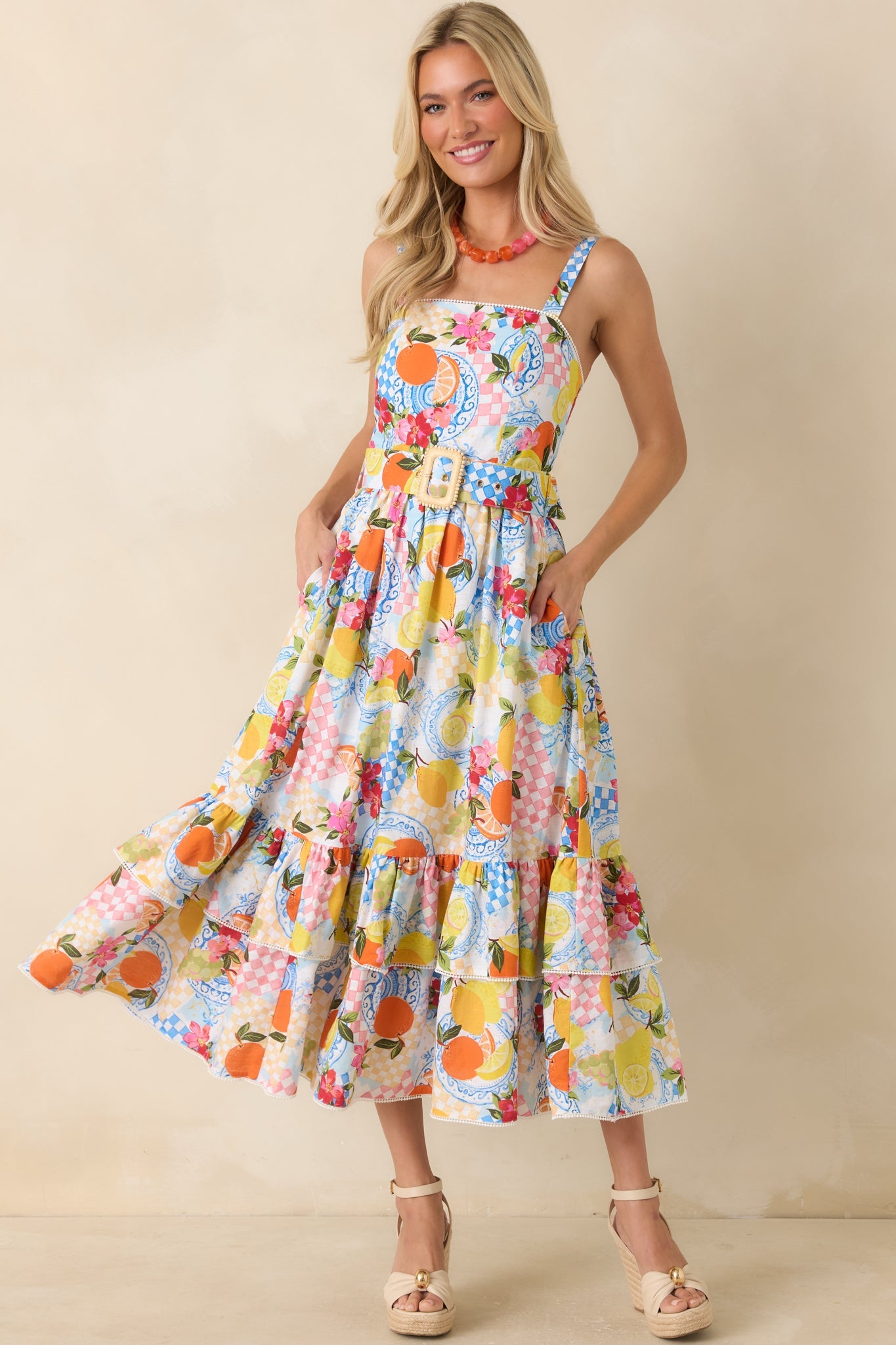 Prosperina Cassandra Multi Citrus Print Linen Blend Midi Dress