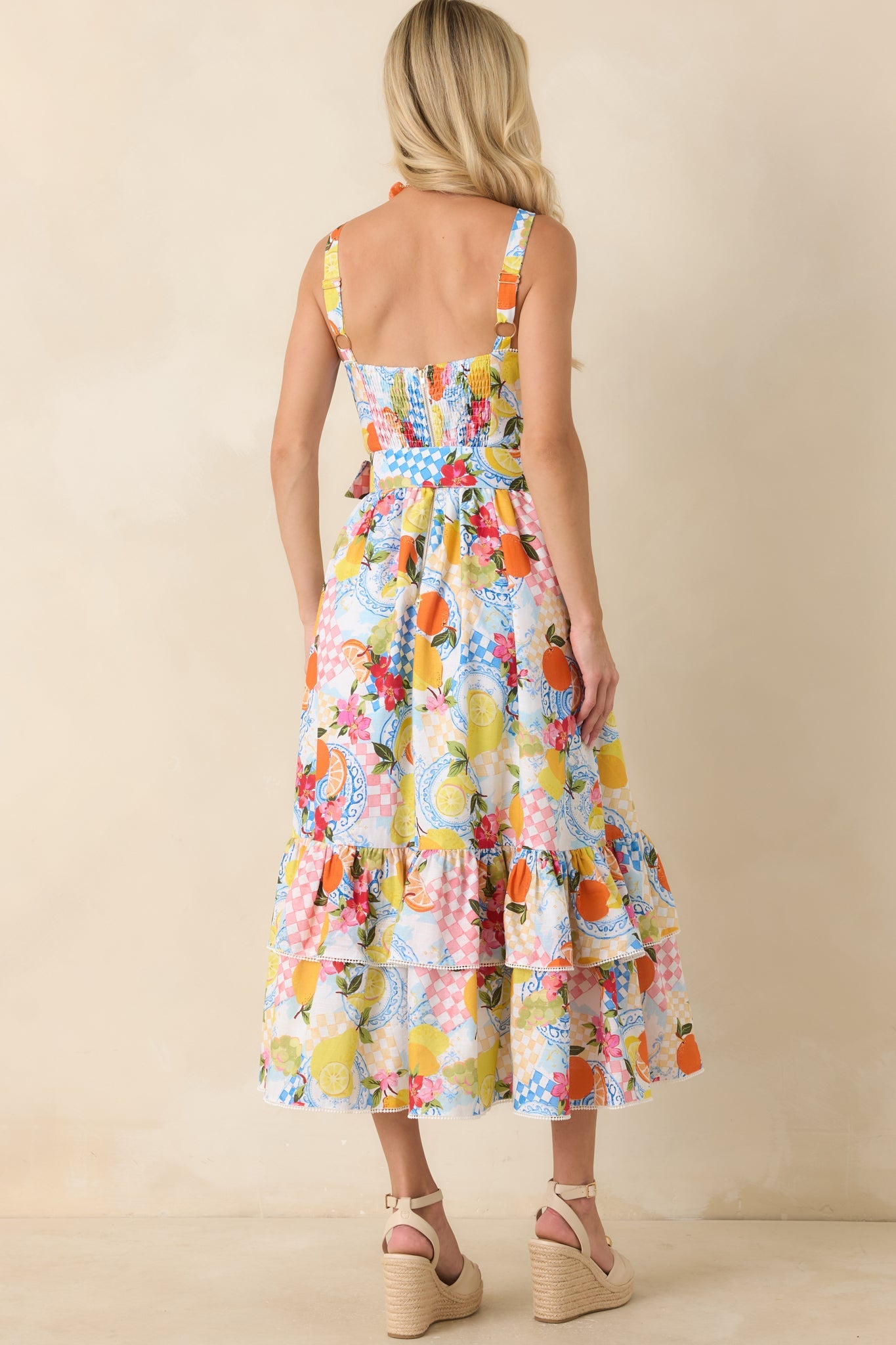 Prosperina Cassandra Multi Citrus Print Linen Blend Midi Dress