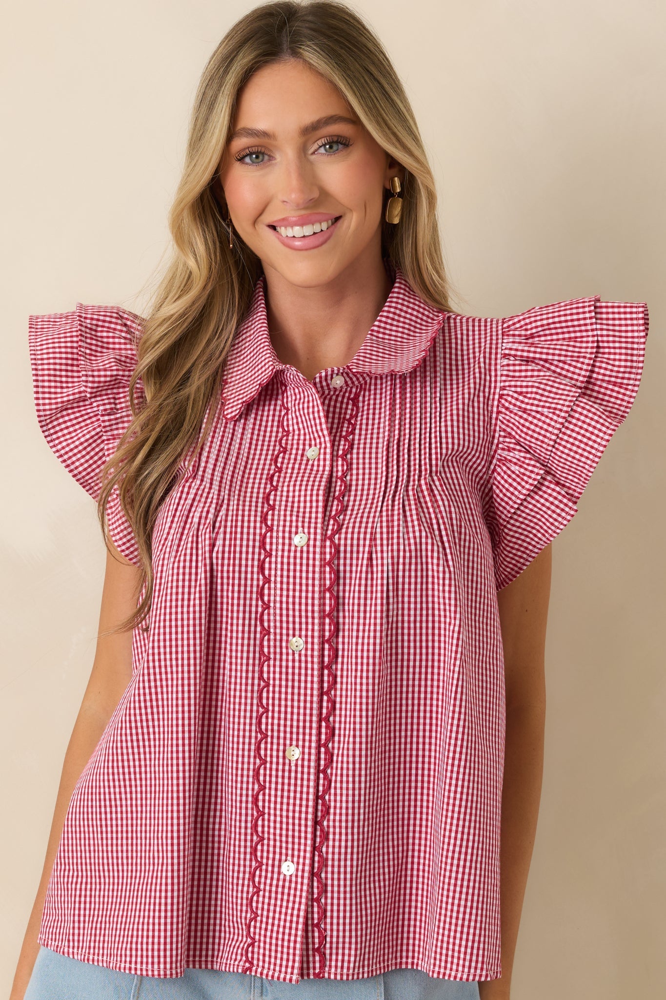 Stroll With My Sweetheart Red Gingham Cotton Flutter Sleeve Blouse