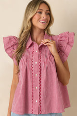 Stroll With My Sweetheart Red Gingham Cotton Flutter Sleeve Blouse