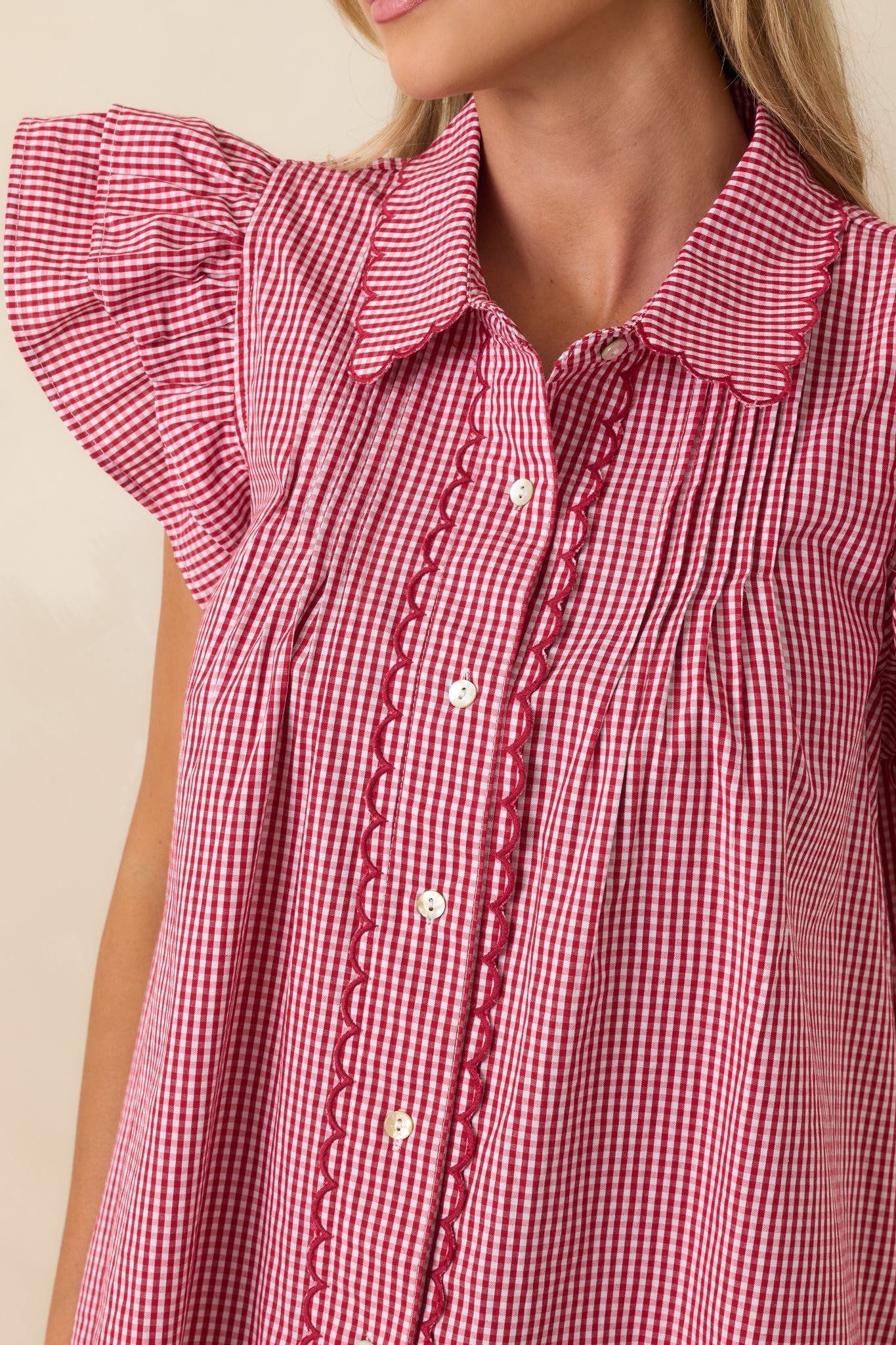 Stroll With My Sweetheart Red Gingham Cotton Flutter Sleeve Blouse