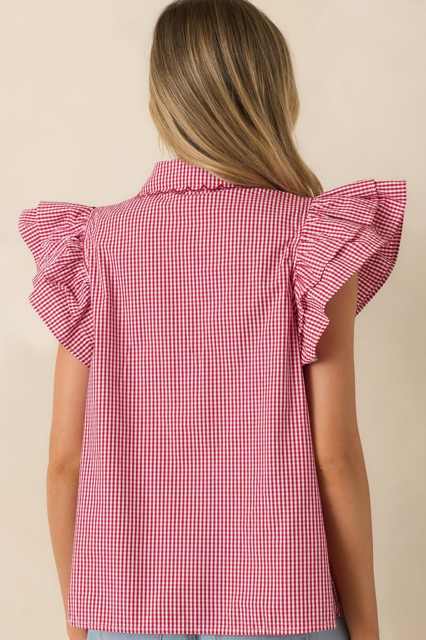 Stroll With My Sweetheart Red Gingham Cotton Flutter Sleeve Blouse