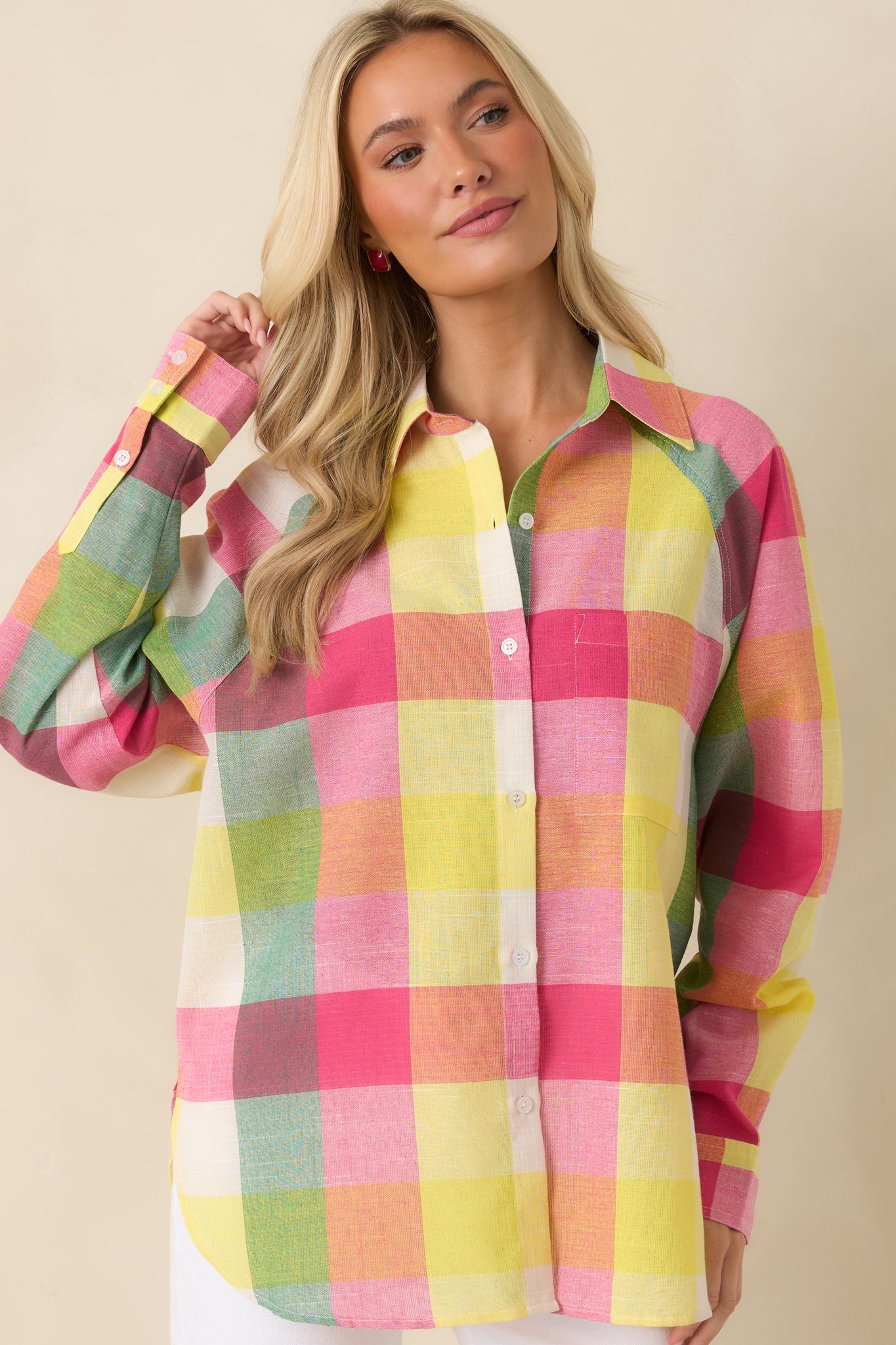 Prosperina Paula Pink Multi Plaid Cotton Button Up Shirt