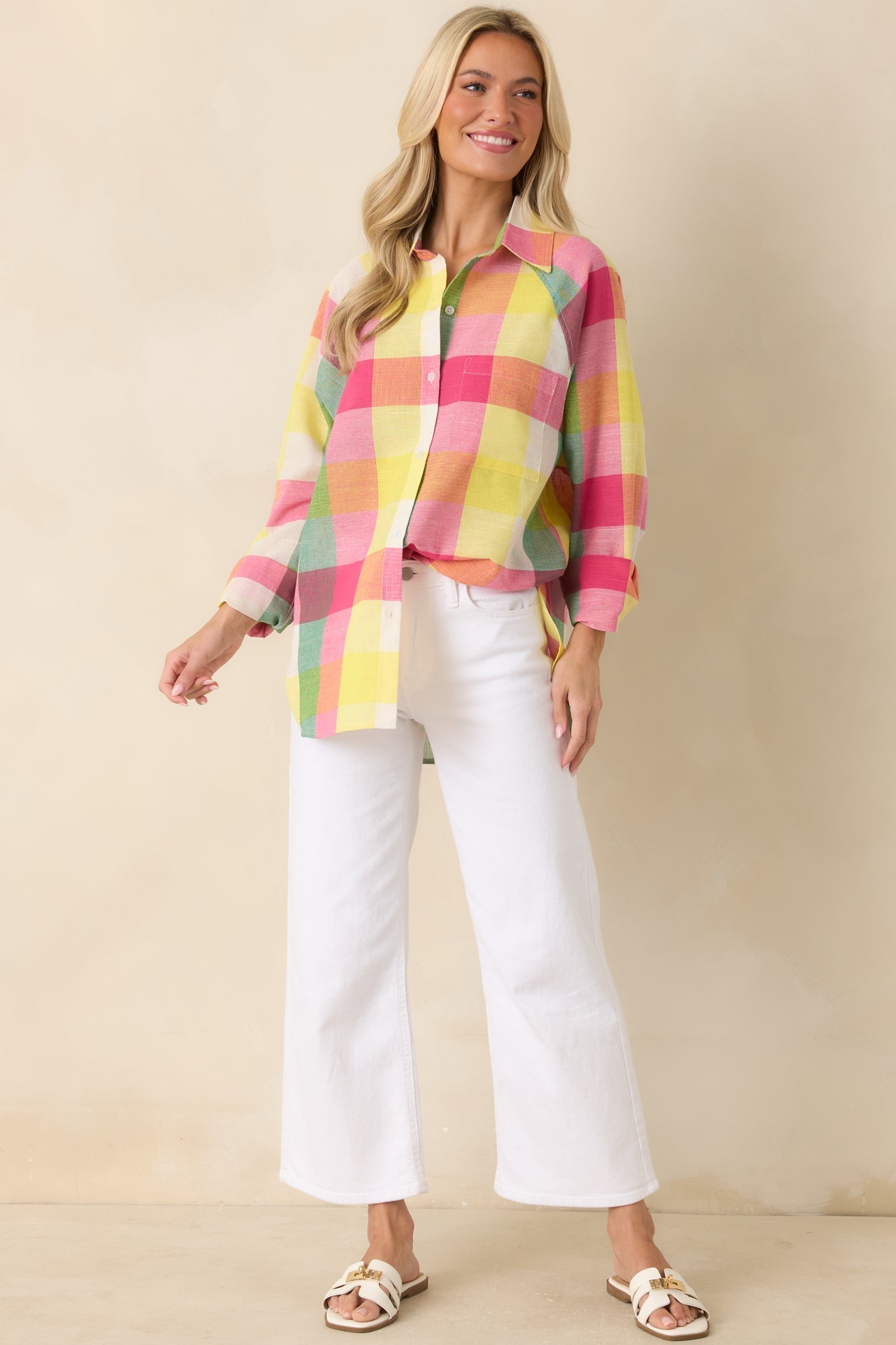 Prosperina Paula Pink Multi Plaid Cotton Button Up Shirt