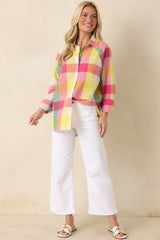 Prosperina Paula Pink Multi Plaid Cotton Button Up Shirt