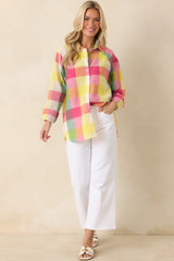 Prosperina Paula Pink Multi Plaid Cotton Button Up Shirt