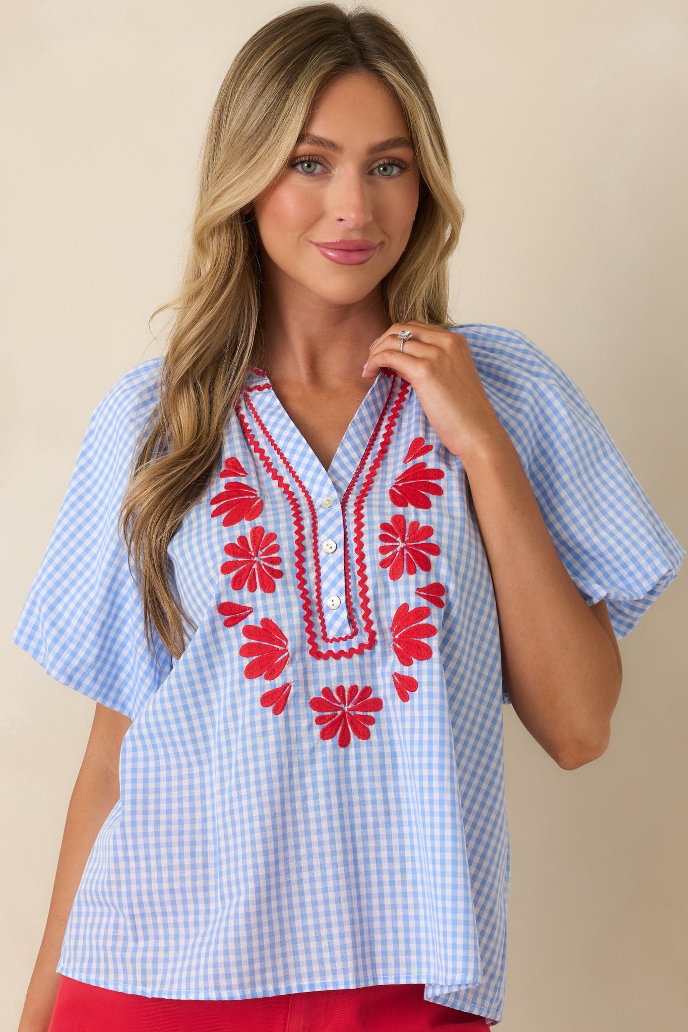 Stars, Stripes & Strawberry Pie Light Blue Gingham Embroidered Cotton Top