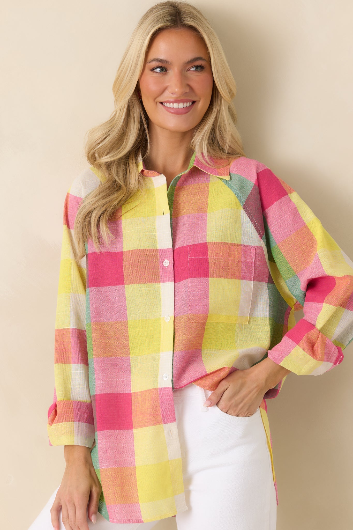 Prosperina Paula Pink Multi Plaid Cotton Button Up Shirt