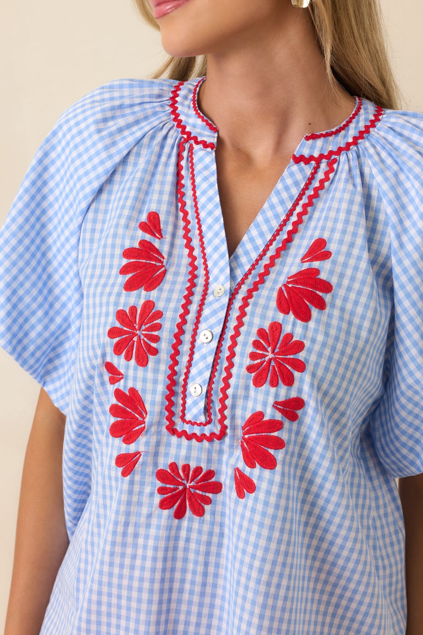 Stars, Stripes & Strawberry Pie Light Blue Gingham Embroidered Cotton Top