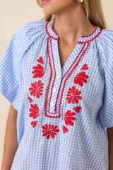 Stars, Stripes & Strawberry Pie Light Blue Gingham Embroidered Cotton Top