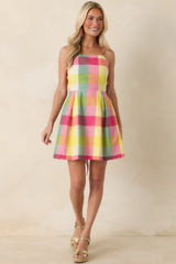 Prosperina Cora Pink Multi Plaid Cotton Mini Dress