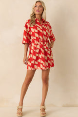 Aylaya Red Geometric Print Linen Blend Venice Mini Dress