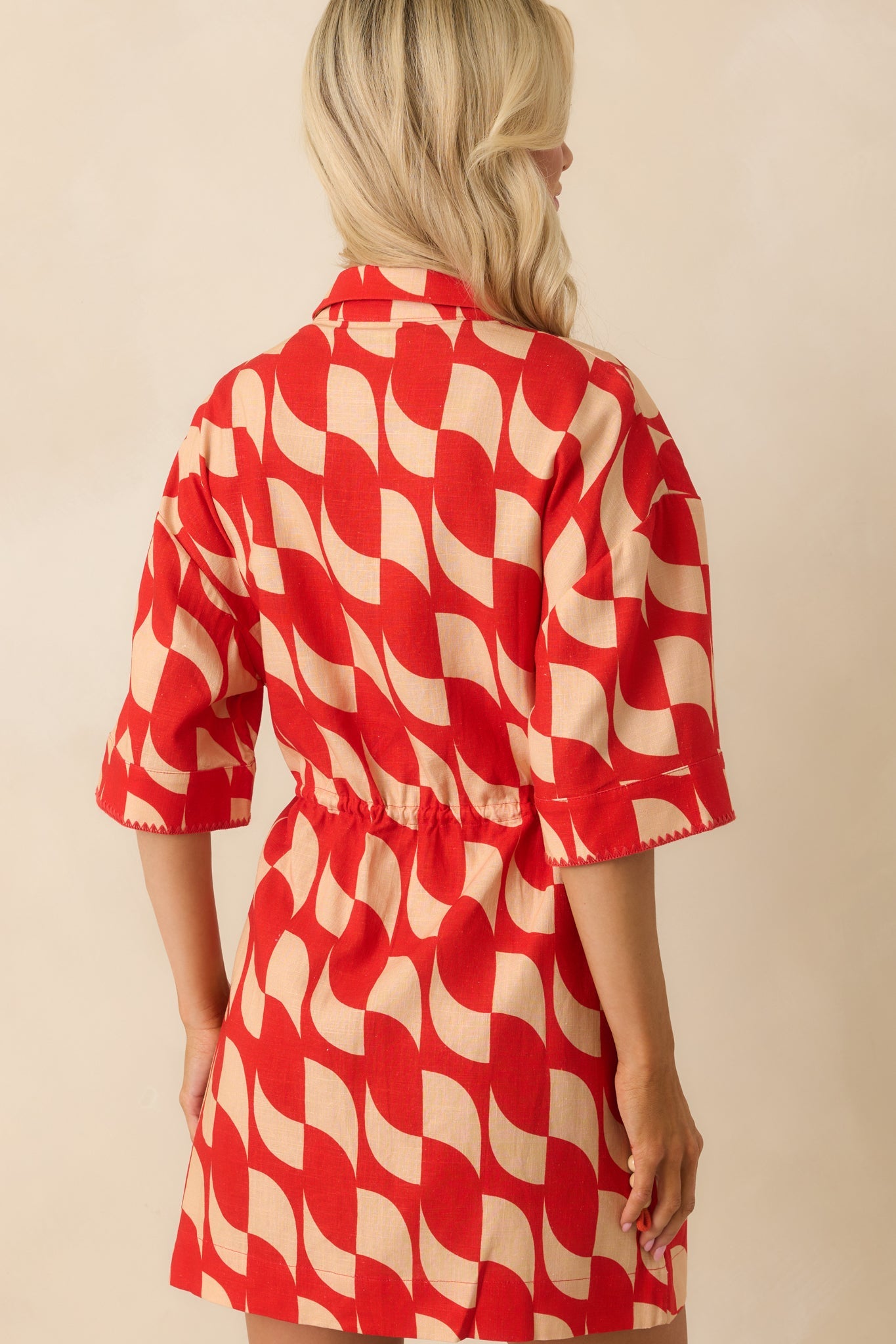 Aylaya Red Geometric Print Linen Blend Venice Mini Dress