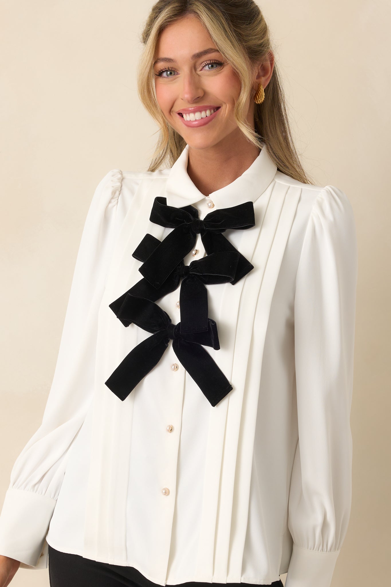 Prosperina Shelby White Bow Front Button Up Top