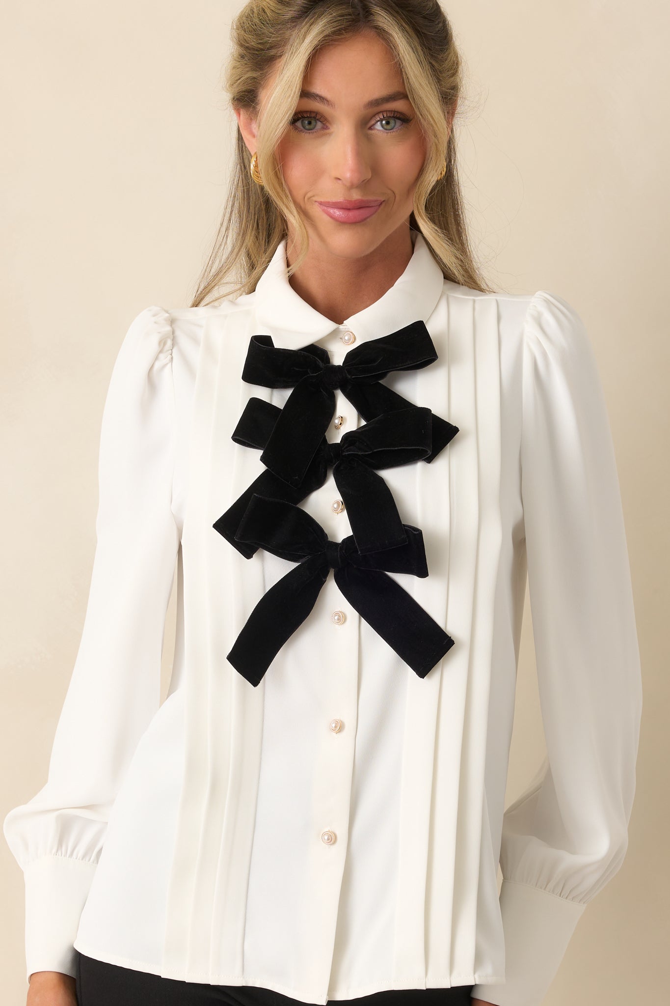 Prosperina Shelby White Bow Front Button Up Top