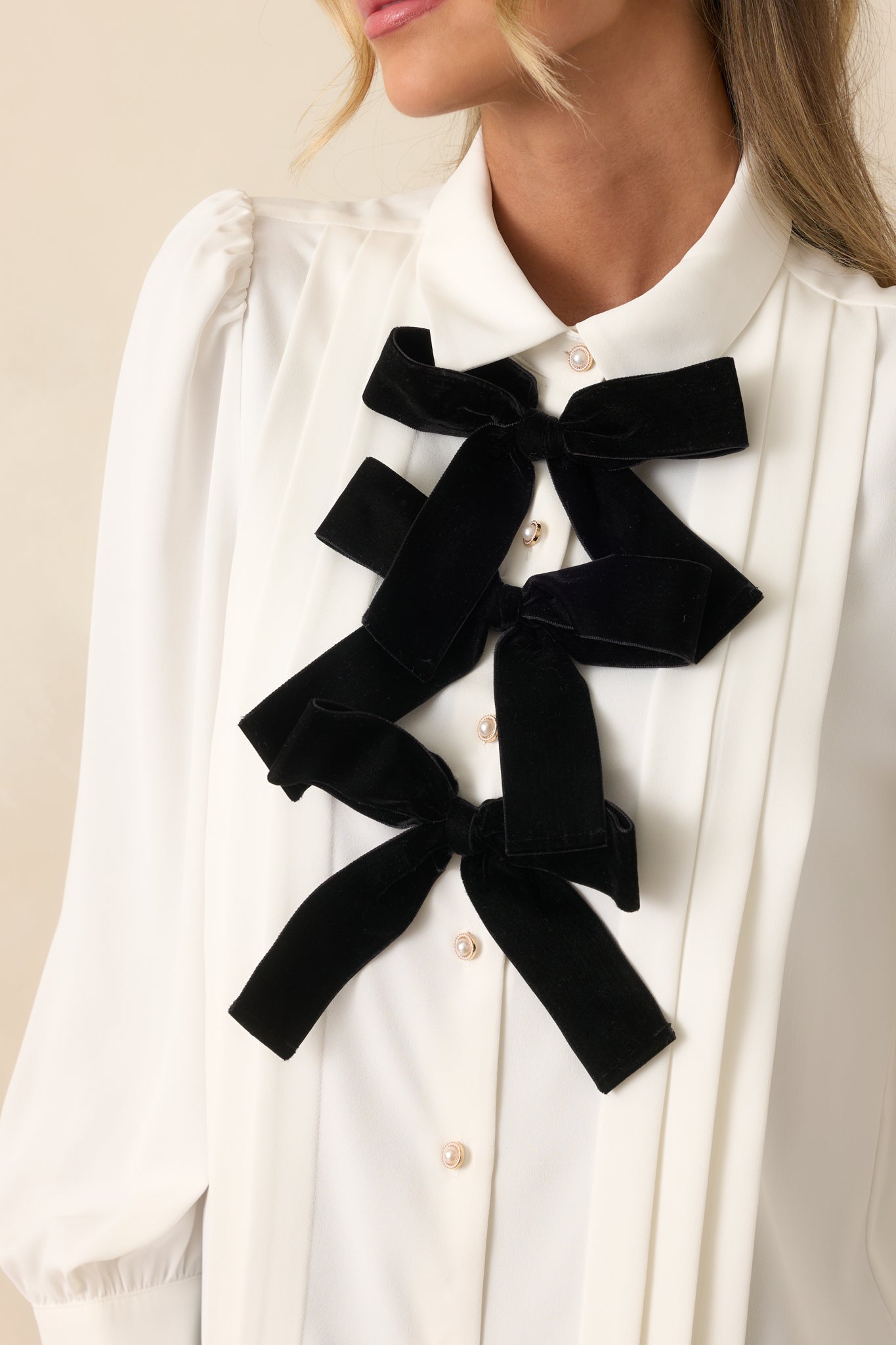 Prosperina Shelby White Bow Front Button Up Top