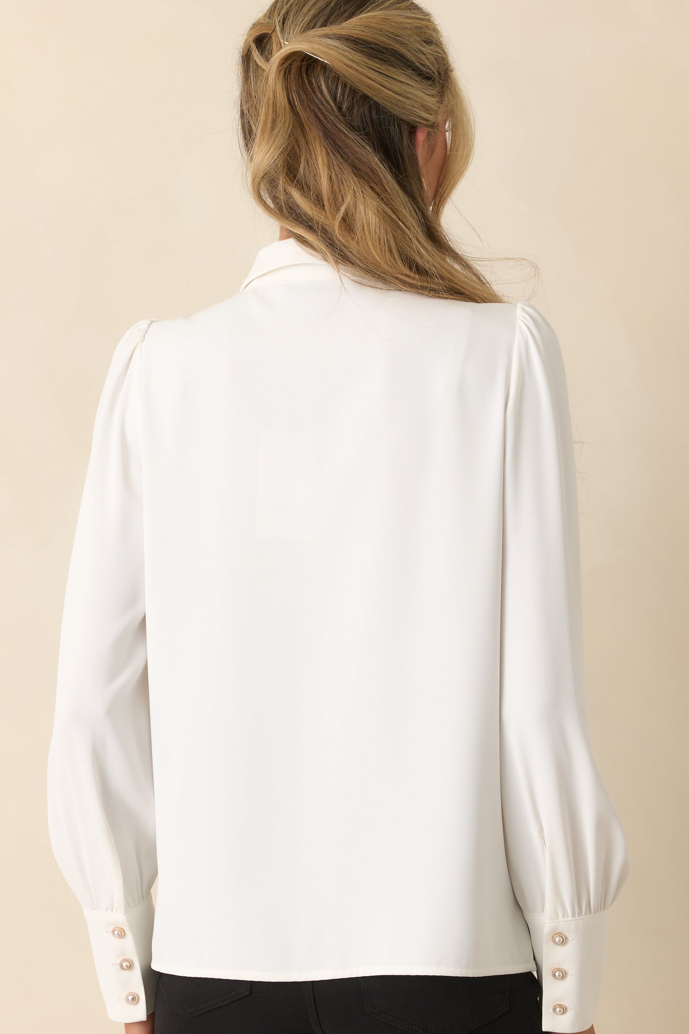 Prosperina Shelby White Bow Front Button Up Top