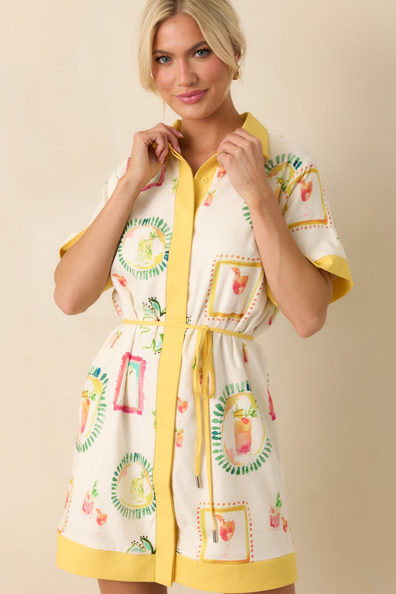 Make It My Own Ivory Watercolor Cocktail Print Linen Blend Mini Dress