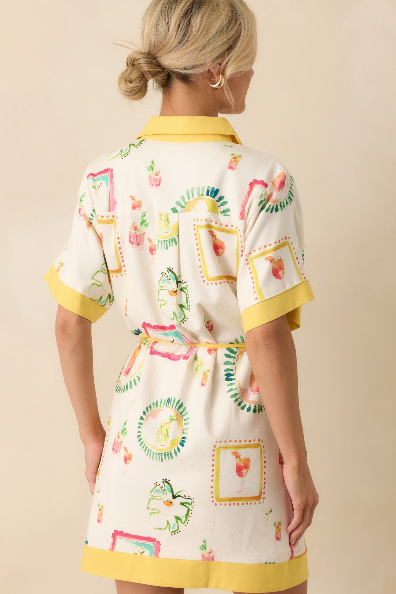 Make It My Own Ivory Watercolor Cocktail Print Linen Blend Mini Dress