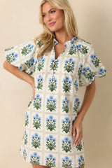 Staying Hopeful Blue Geometric Floral Print Cotton Mini Dress
