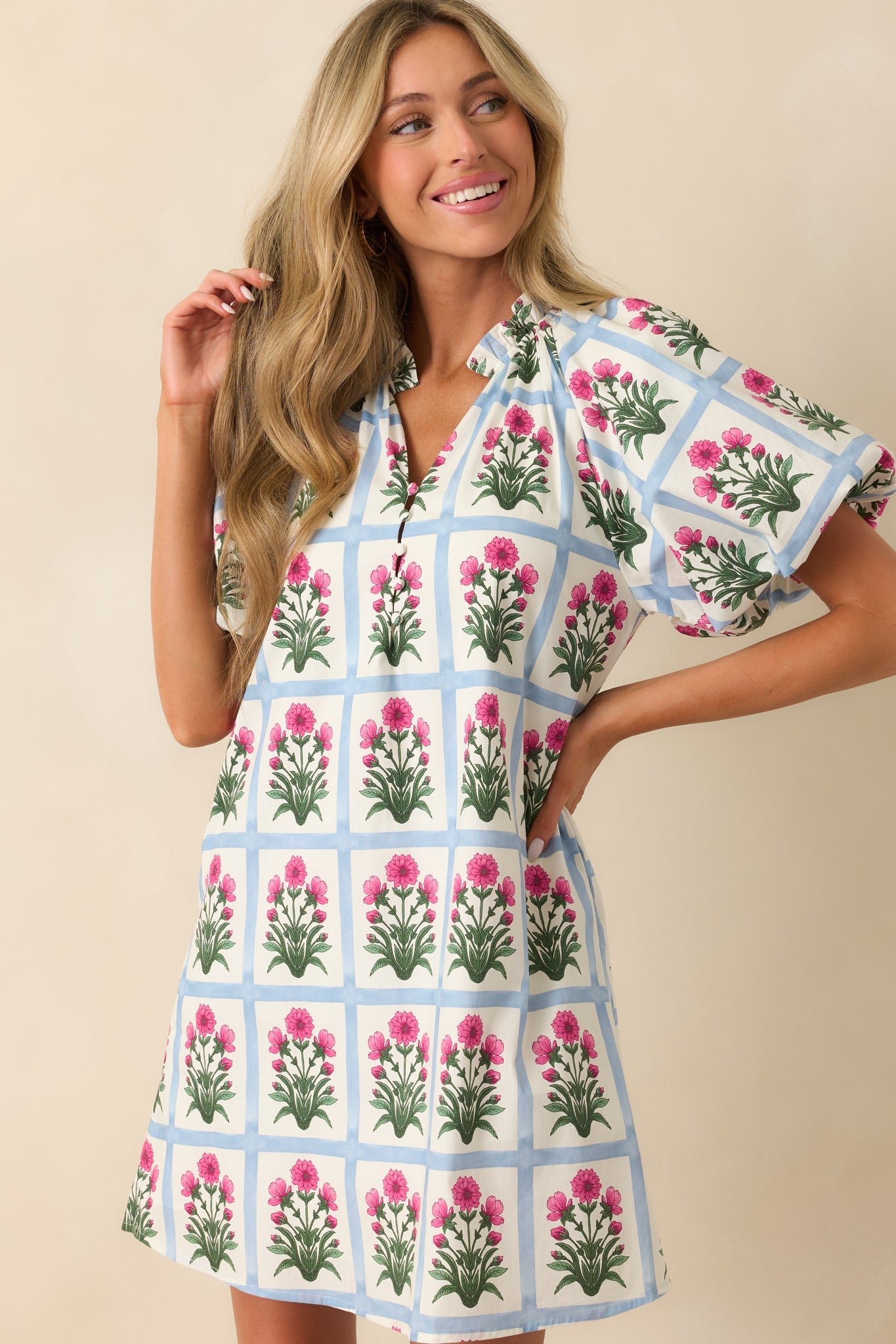 Staying Hopeful Dark Fuchsia Geometric Floral Print Cotton Mini Dress