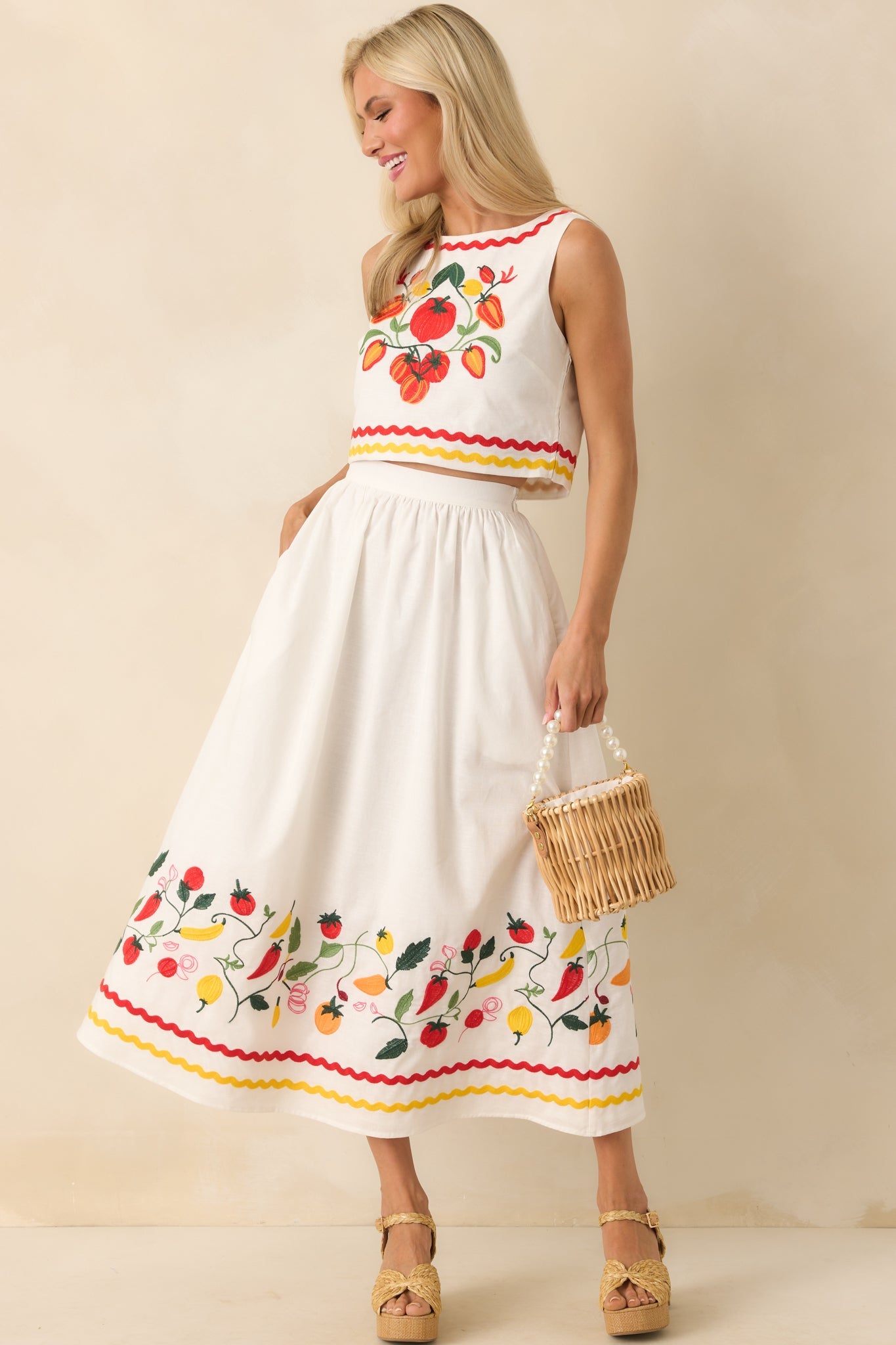 Prosperina Ellie Tomato Embroidered Ivory Cotton Top