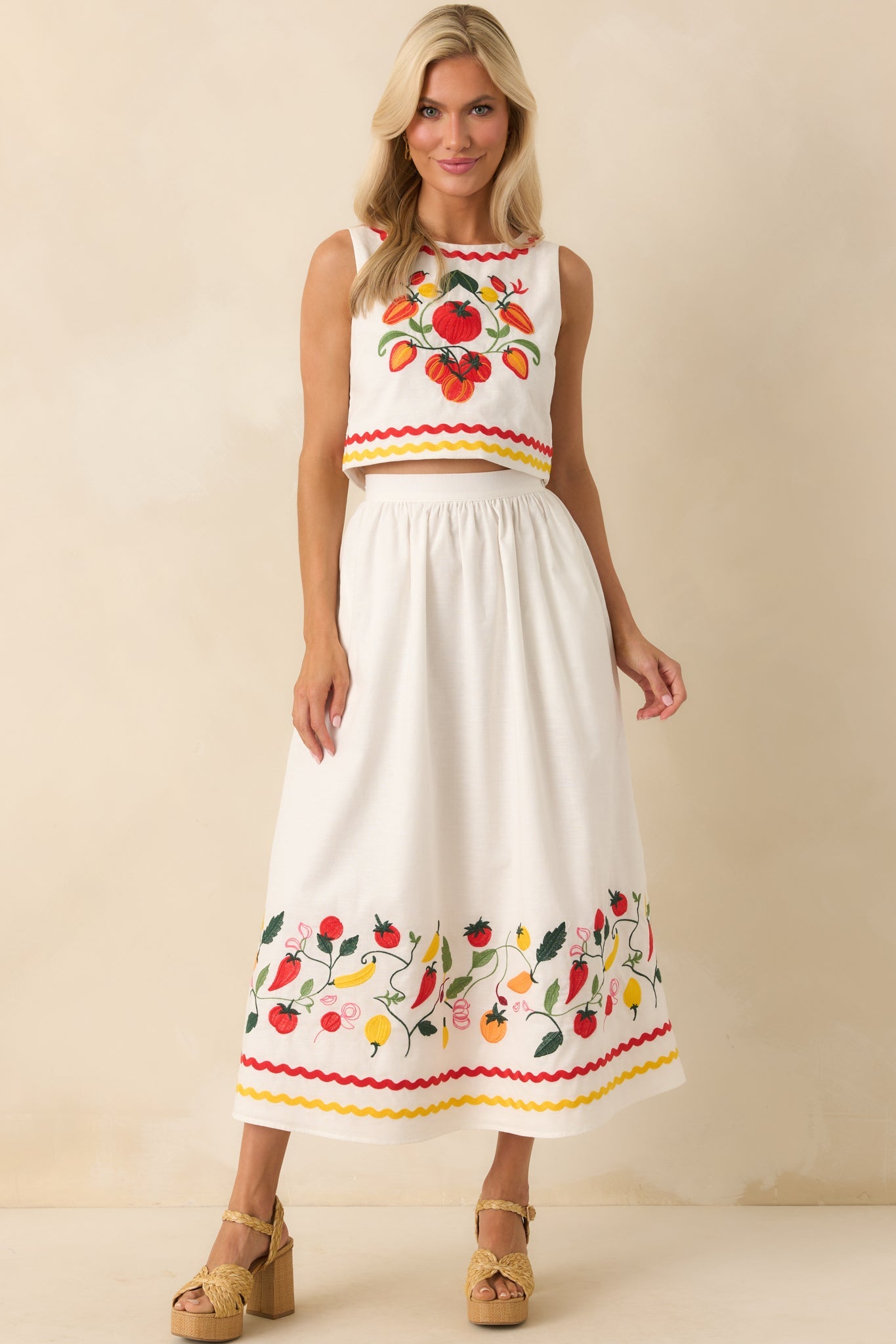 Prosperina Virginia Tomato Embroidered Ivory Cotton Midi Skirt