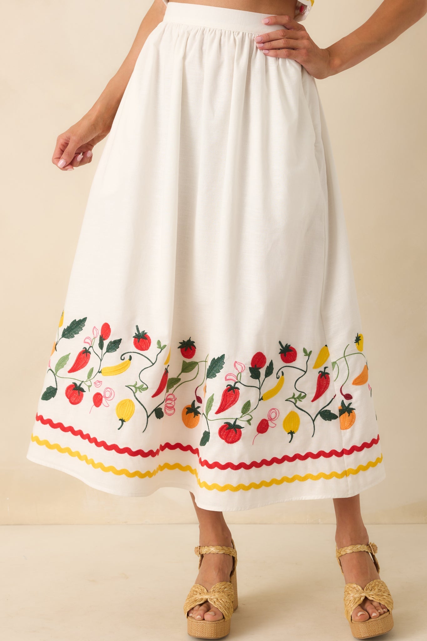 Prosperina Virginia Tomato Embroidered Ivory Cotton Midi Skirt