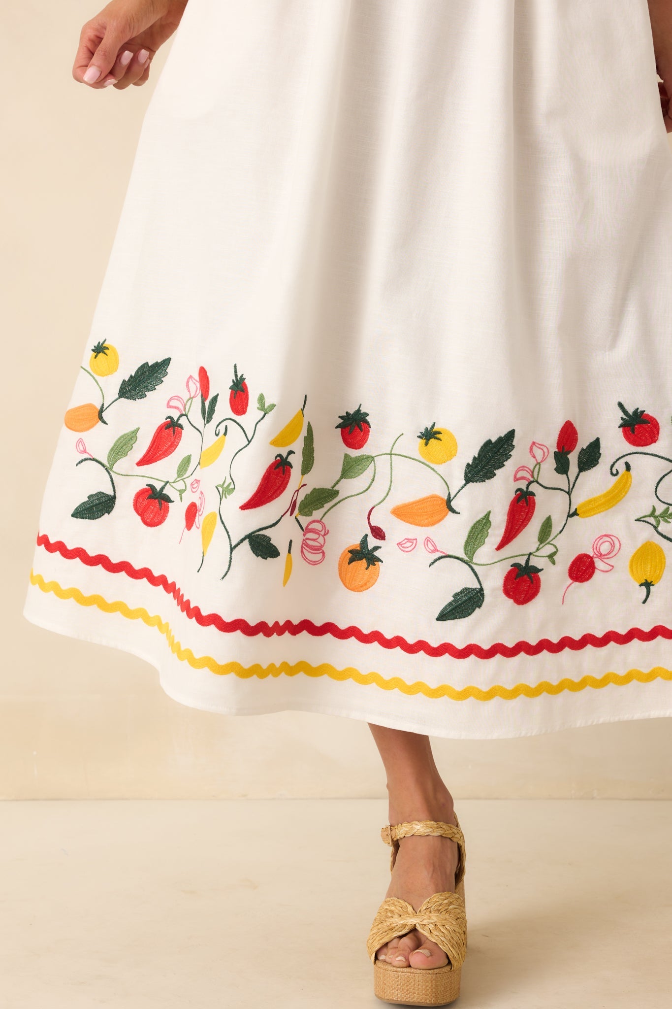 Prosperina Virginia Tomato Embroidered Ivory Cotton Midi Skirt