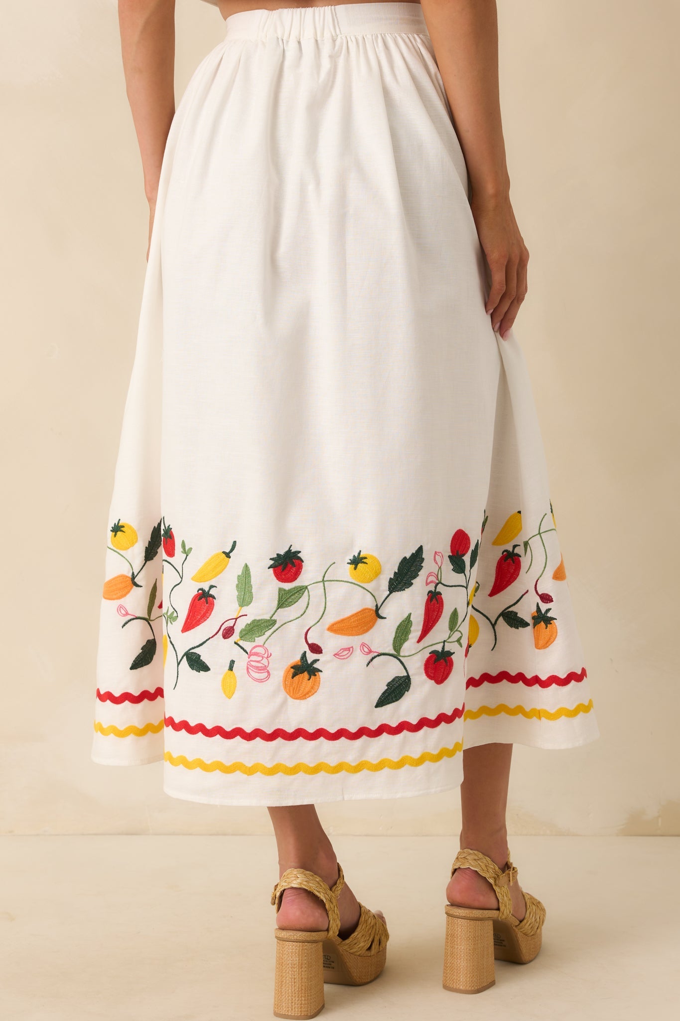 Prosperina Virginia Tomato Embroidered Ivory Cotton Midi Skirt