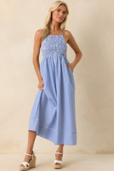 Staple The Label Blue Stripe Cotton Mathilde Shirred Maxi Sundress