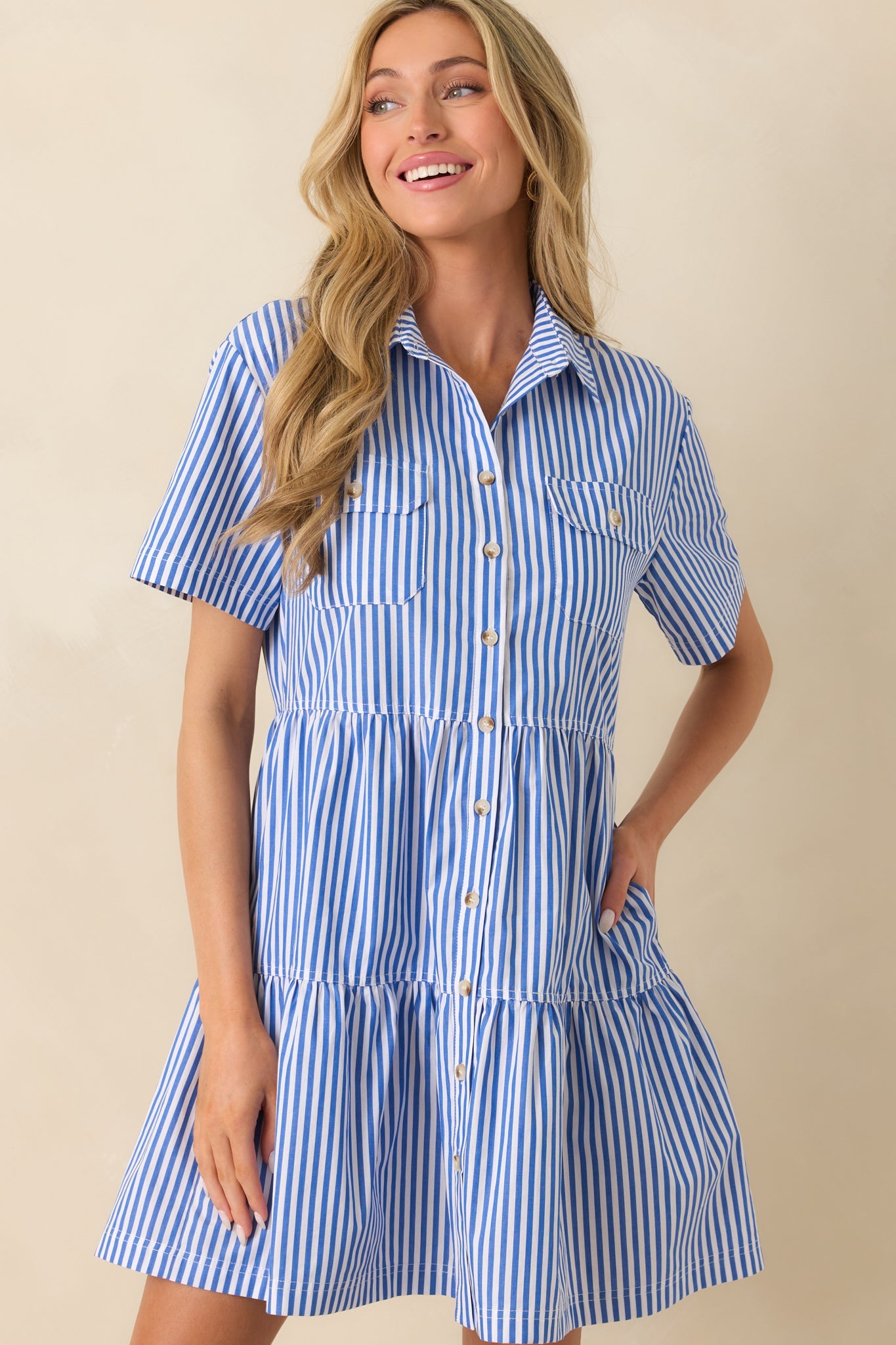 Staple The Label Blue Stripe Cotton Mathilde Mini Shirt Dress