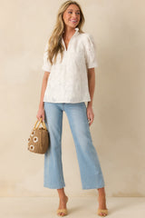 On The Record White Floral Embroidered Eyelet Cotton Top
