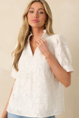 On The Record White Floral Embroidered Eyelet Cotton Top