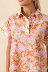 Need A Change Pink Coral Floral Print Cotton Mini Shirt Dress