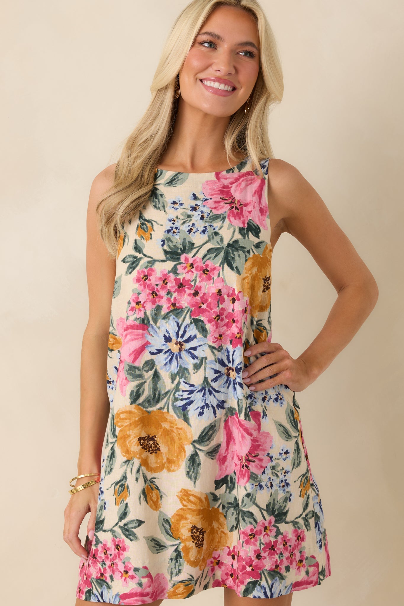 Wildflower Bouquet Multi Floral Linen Blend Sleeveless Mini Dress