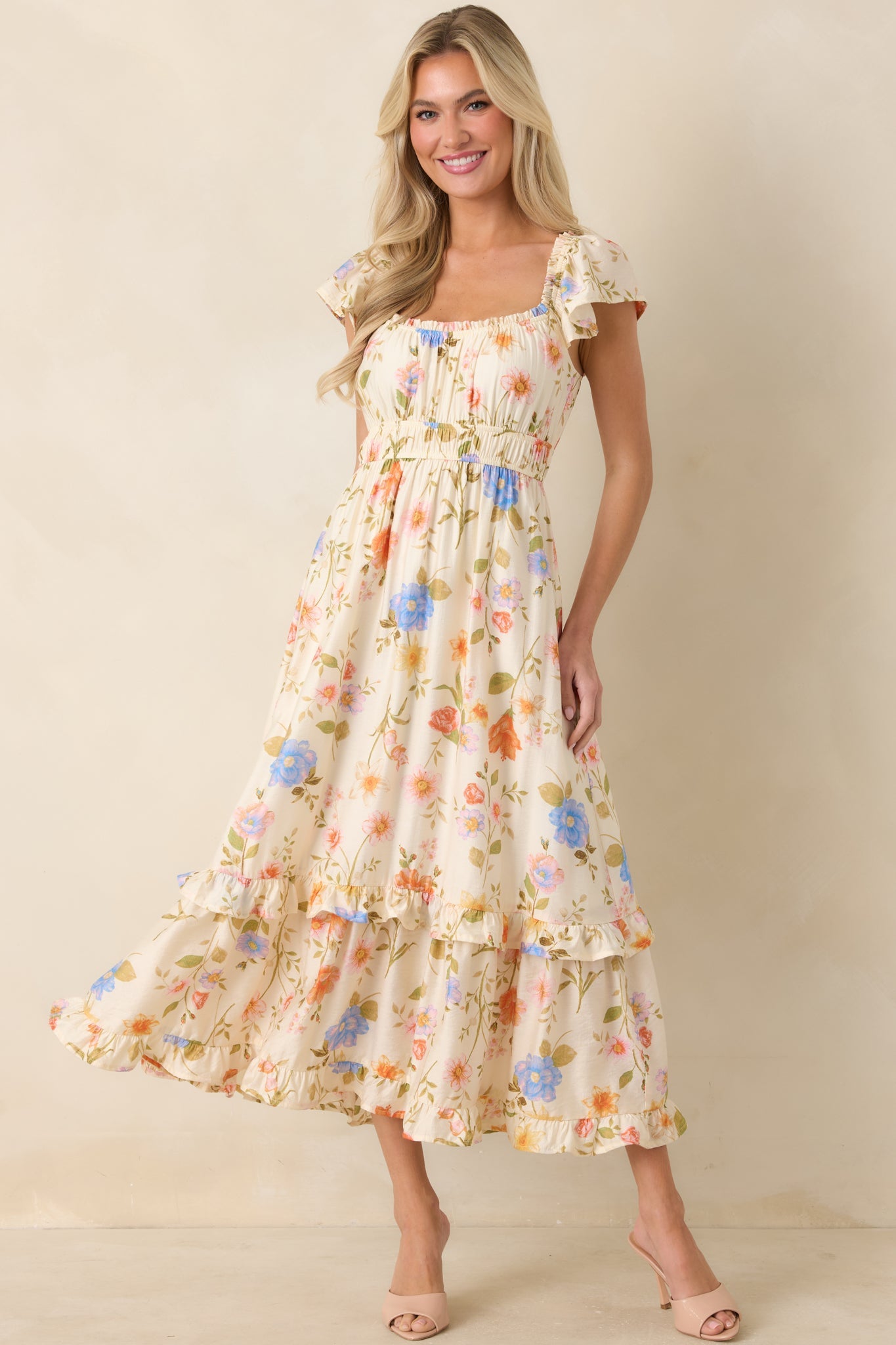 Wildflower Wishes Light Beige Multi Floral Midi Dress