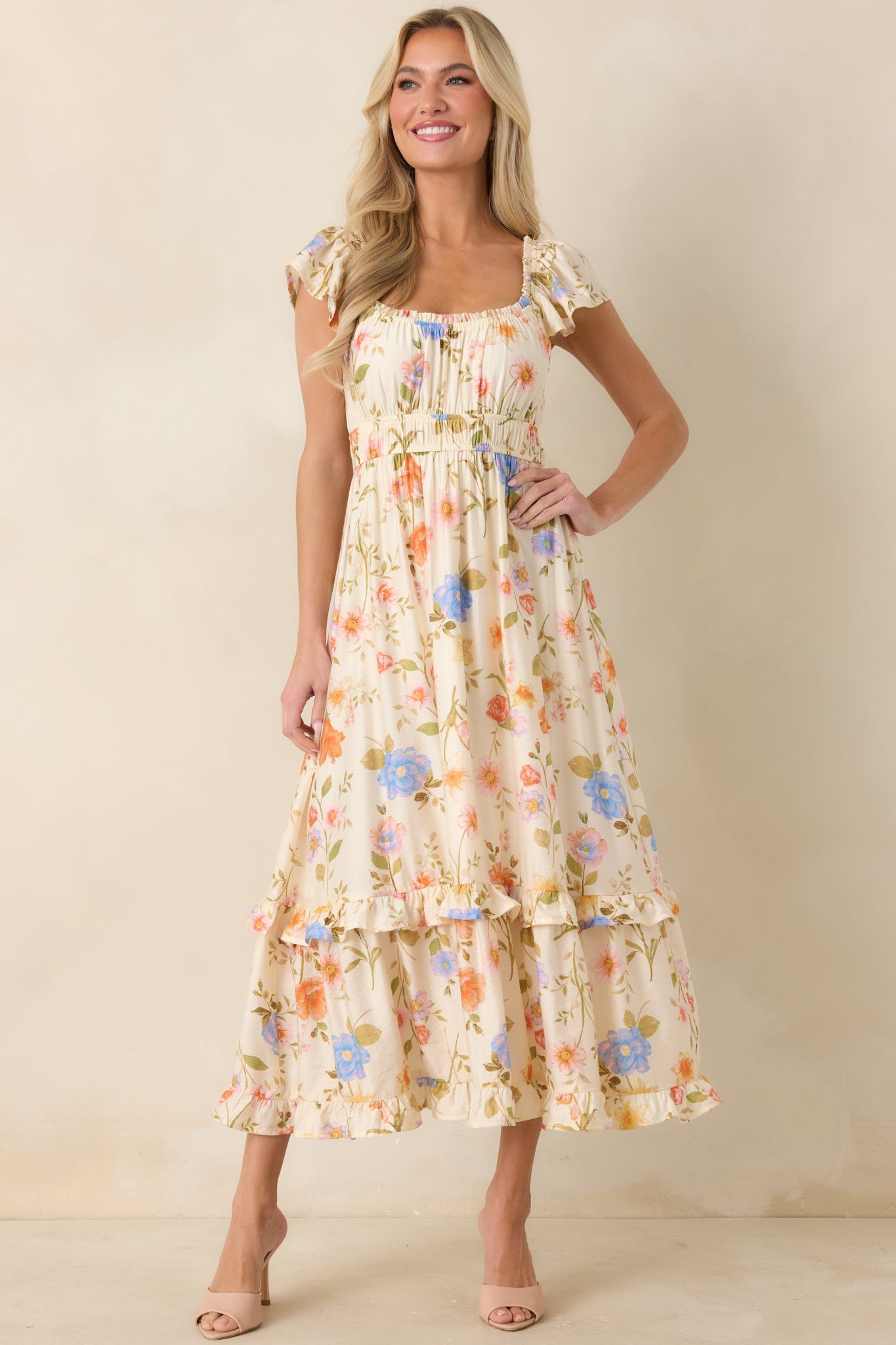 Wildflower Wishes Light Beige Multi Floral Midi Dress