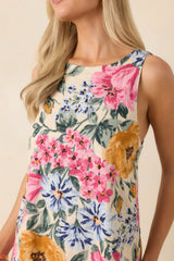 Wildflower Bouquet Multi Floral Linen Blend Sleeveless Mini Dress