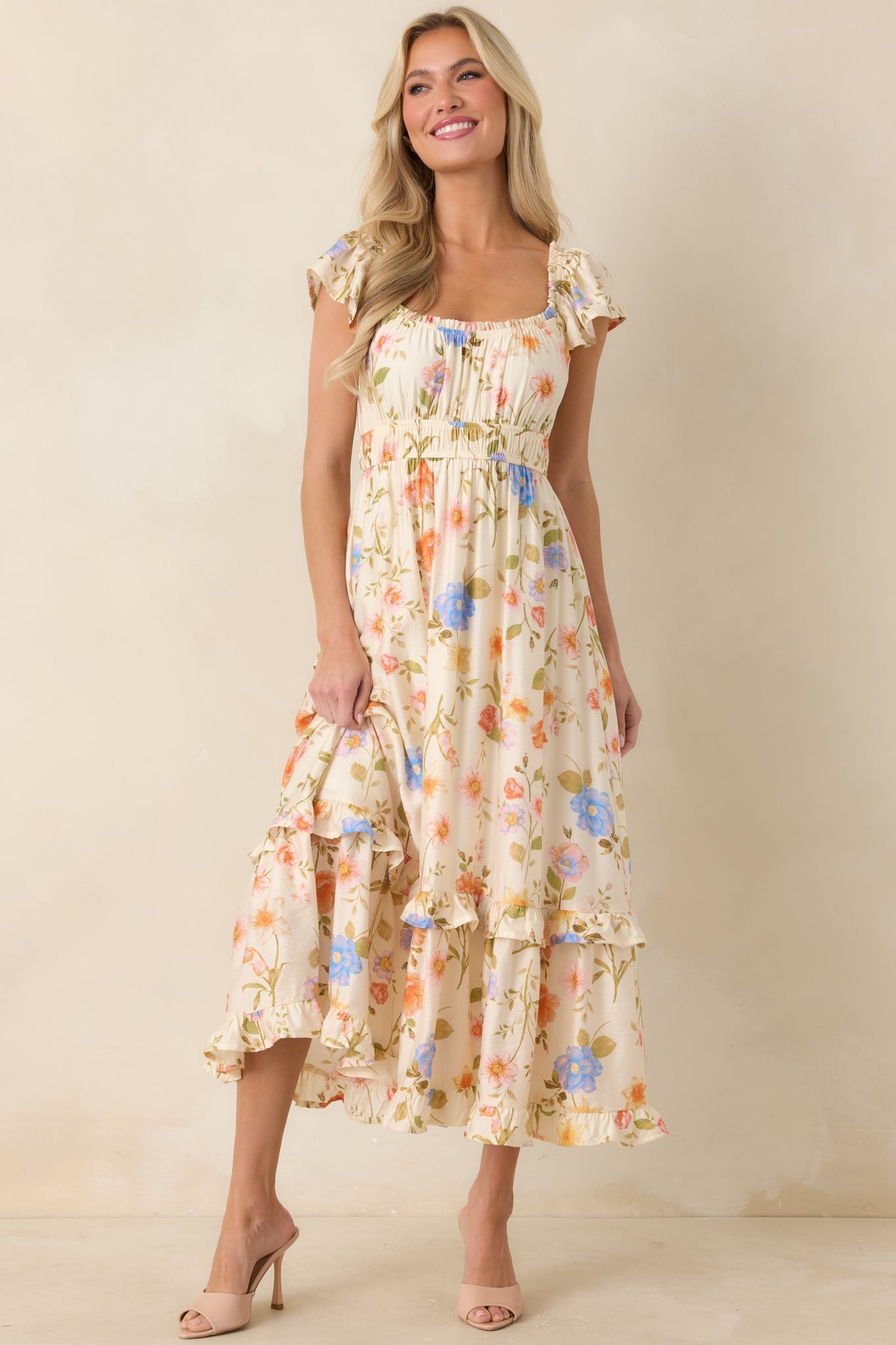 Wildflower Wishes Light Beige Multi Floral Midi Dress
