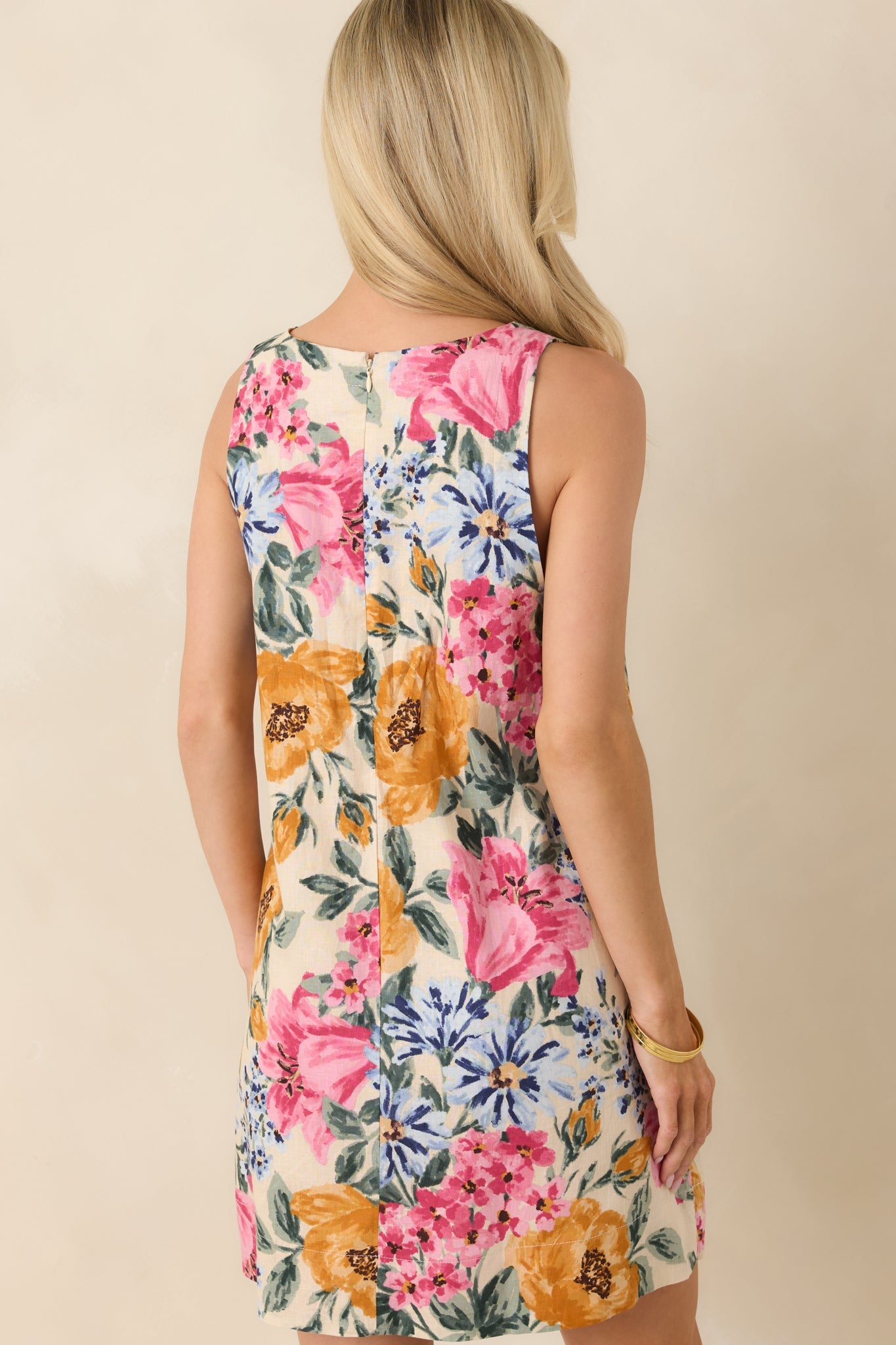 Wildflower Bouquet Multi Floral Linen Blend Sleeveless Mini Dress