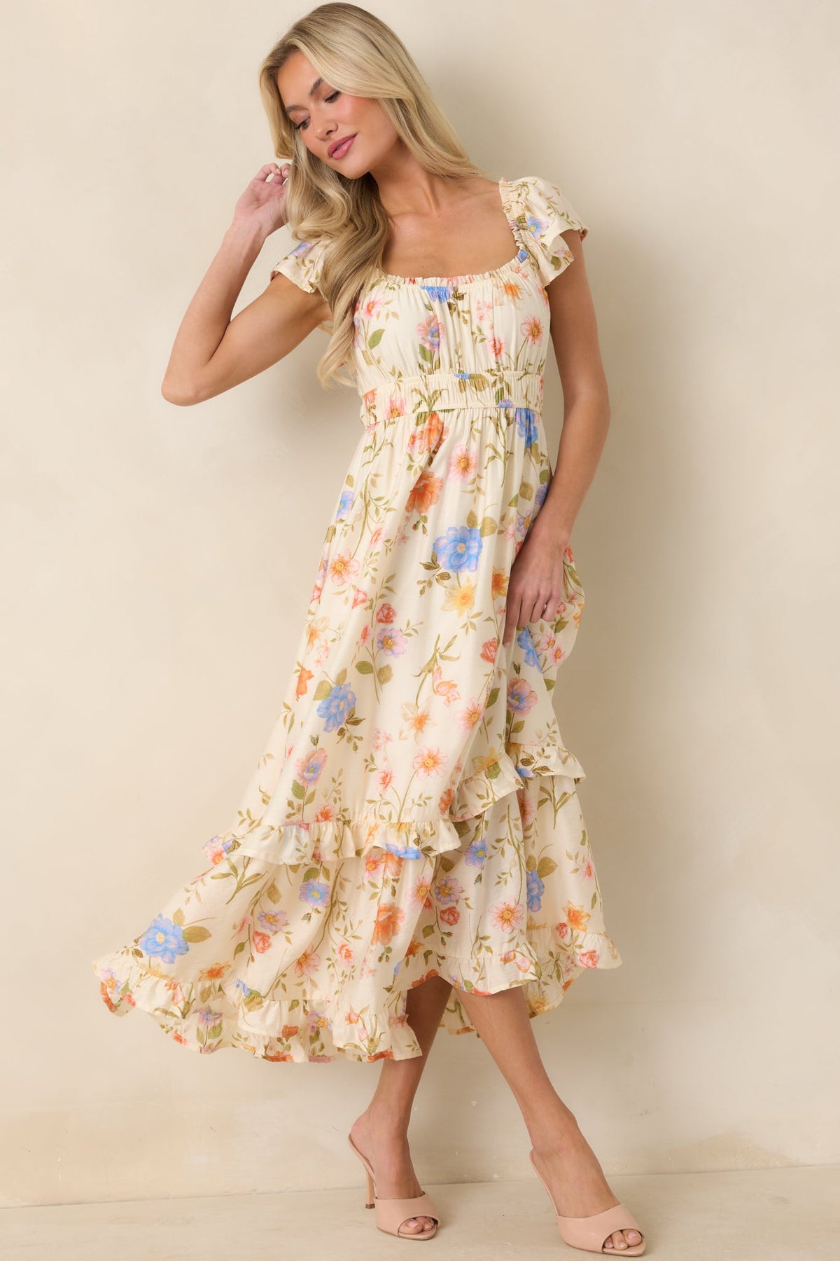 Wildflower Wishes Light Beige Multi Floral Midi Dress