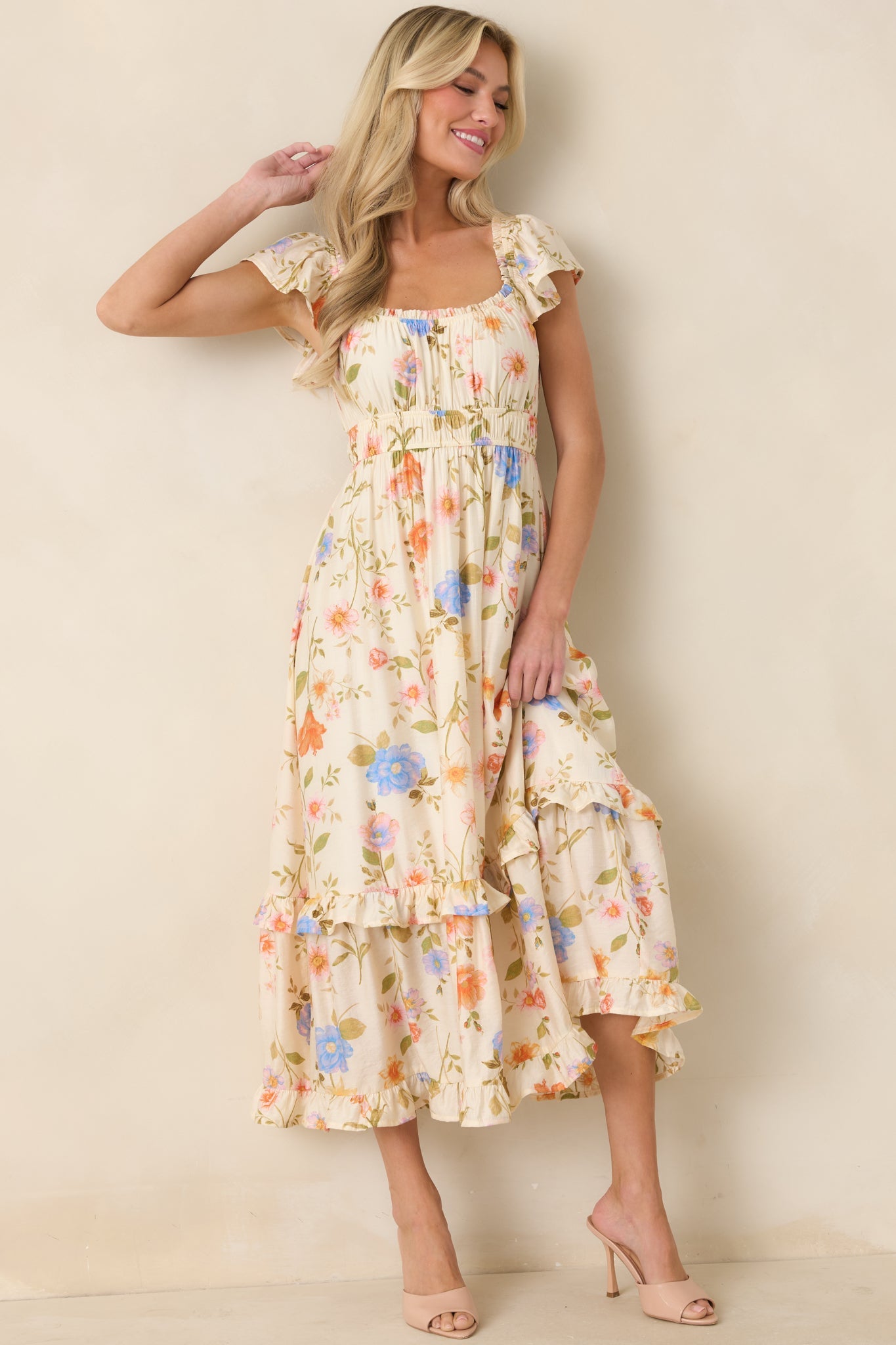 Wildflower Wishes Light Beige Multi Floral Midi Dress