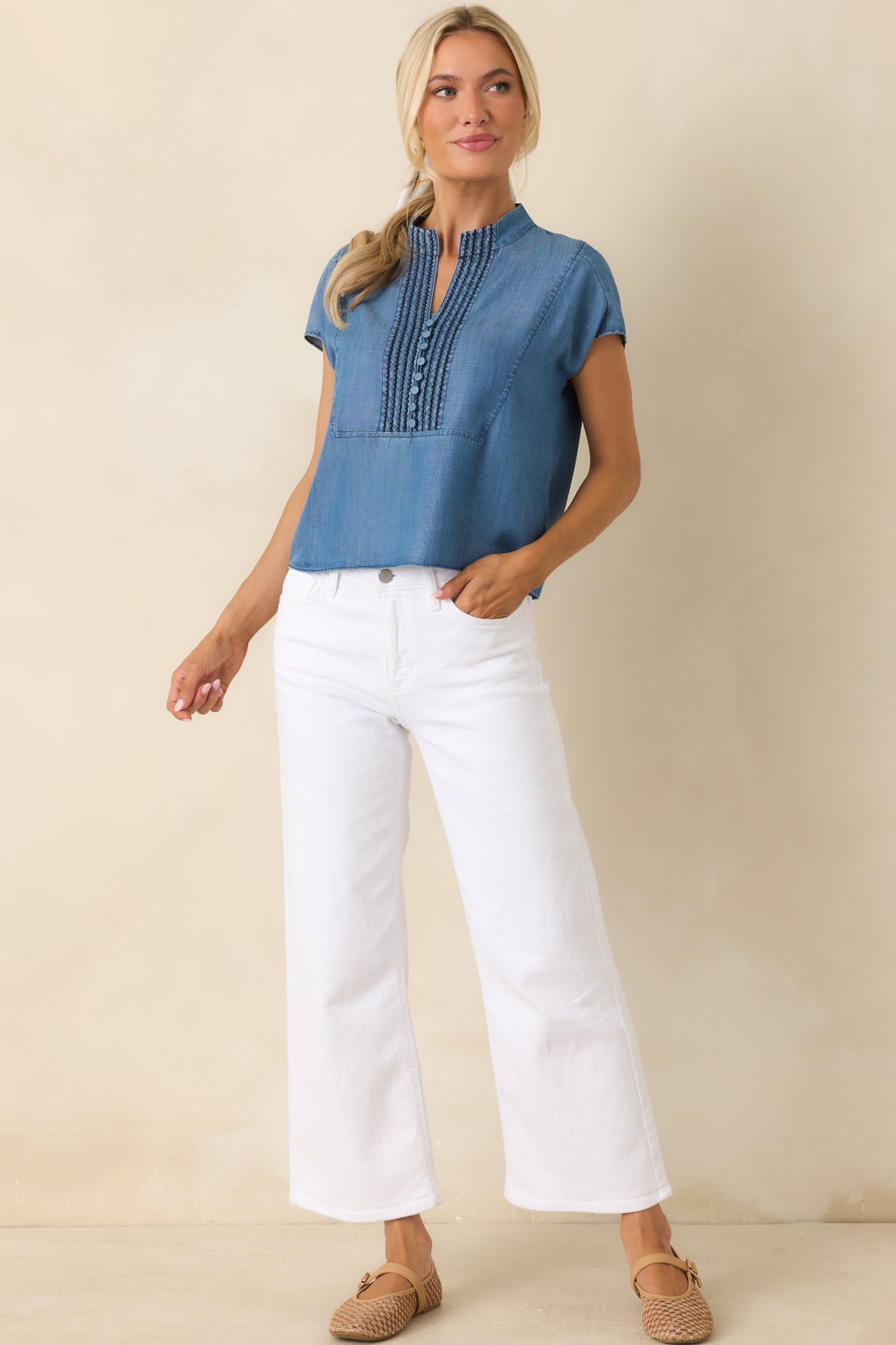 Blue Skies Ahead Chambray Blue Embroidered Top